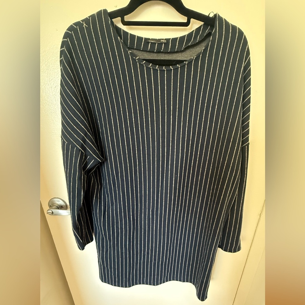 Zara Navy and White Stripe Dress L